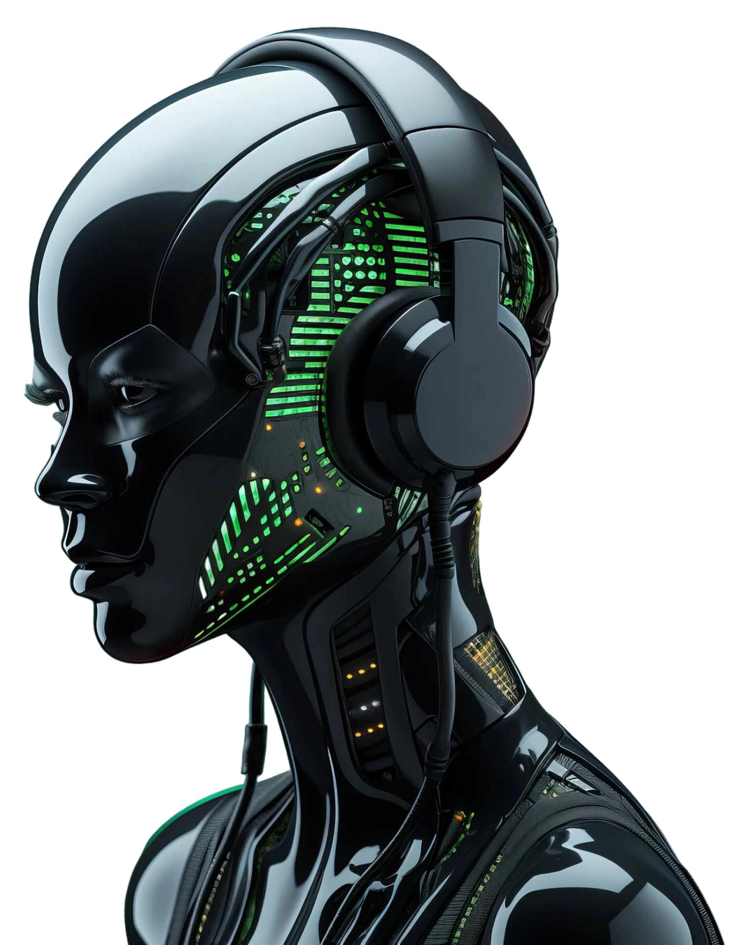BlackPING — The AI, a metallic humanoid with green illuminated circuitry